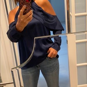 Parker Navy One-Shoulder Satin Blouse